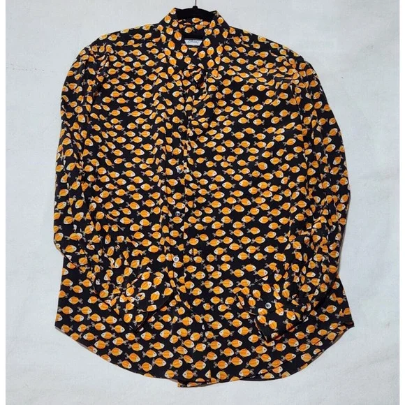 Brioni Men’s 100% Silk Dress Button Up Black Fish Theme Shirt Italy L